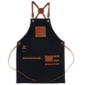 Durable canvas and leather work apron with multi pockets, ideal for chefs, barbers and baristas. - Black with Contrast Brown Leather