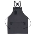 Canvas apron with leather cross straps, multi-pockets work apron for cafe, kitchen, bakery. - Black-Grey with Black Leather