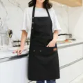 Tablier de cuisine en toile de coton noire avec poches et sangle de cou réglable pour cuisiner. - Collier / Noir