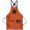 Adjustable cross back canvas apron with leather pockets, durable workwear for cooking baking. - Orange with Contrast Dark Coffee Leather