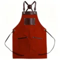 Canvas splicing work apron with leather straps, ideal for coffee shop, cooking, and BBQ. - Brick Red with Coffee Leather Contrast