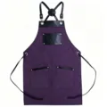 Purple canvas kitchen apron with black leather straps and convenient pockets for cooking BBQ. - Purple with Black Leather Contrast