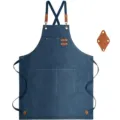 Thickened denim canvas apron with cross back straps and utility pockets for kitchen cooking work. - Brown Leather & Blue