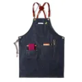 Vintage denim apron with leather cross straps and multi pockets for kitchen barista work wear - Round Badge Belt Denim Blue Style R