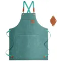 Thick canvas work apron with cross back straps and pockets for kitchen gardening. - Brown Leather & Green