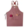 Vintage canvas work apron with leather cross straps and multi-pockets for kitchen shop use - Round Badge Belt Canvas Coffee Style R