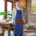 Korean style denim apron with brown leather straps, perfect for coffee shop and kitchen use. - Canvas Y-Strap Style / Blue
