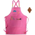 Pink canvas work apron with cross back straps and multiple utility pockets for kitchen gardening. - Brown Leather & Rust Red
