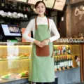 Korean style green canvas apron with brown leather straps, sleeveless waterproof kitchen apron. - Canvas Y-Strap Style / Green