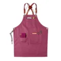 Retro Canvas Work Apron with Brown Leather Cross Straps and Multi Pockets in Maroon Color - Round Badge Belt Canvas Purplish Red Style R