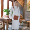 Korean style solid white long apron with brown leather shoulder straps and pocket for cafe use - Canvas Y-Strap Style / Off White