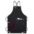 Durable denim canvas work apron with cross-back straps, multi-pockets for kitchen barista - Style D / Black