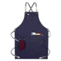 Dark blue denim work apron with cross back straps multi pockets and utility loop - Style D / Blue