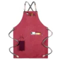 Red canvas work apron with cross back straps and pockets, durable barista apron for cooking hair salon - Style D / Watermelon red