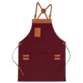 Burgundy canvas apron with brown leather straps and multi pockets for kitchen cafe baking - Wine Red with Brown Leather