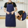Nordic style canvas kitchen apron with brown straps and metal snap buttons for daily cooking. - Waterproof Canvas Halterneck Contrast - Blue