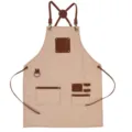 Canvas leather patchwork work apron with cross straps and multi pockets for kitchen barista. - Khaki with Contrast Brown Leather
