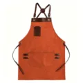 Canvas Apron Cross Back Leather Straps Orange Kitchen Baking Work Apron SKU Variant - Orange with Coffee Brown Leather