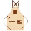 Canvas leather work apron with adjustable straps, multi-pockets for kitchen, barista, salon. - Apricot Beige with Contrasting Brown Leather