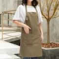 Tablier de travail en toile de coton kaki avec poches et sangle reglable pour le cafe et cuisine. - Collier / Marron
