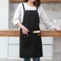 Tablier en toile de coton noire avec poches pour le travail en restaurant et café - Style Double Épaule / Noir