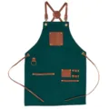 Dark green canvas apron with brown leather straps and multi-pockets for kitchen barista. - Dark Green with Contrasting Brown Leather
