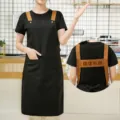Black canvas apron with brown straps, kitchen work apron for women cooking and baking. - Black Waterproof Canvas H-Strap