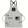 Canvas leather work apron with X-back straps and multi-pockets for kitchen barista cooking. - Light Gray with Black Leather Contrast