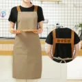 Minimalist khaki canvas kitchen cooking apron with brown straps and double front pocket. - Dark Grey Waterproof Canvas H-Strap