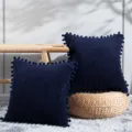 Fodera per cuscino in velluto a coste blu scuro con ponpon copricuscino decorativo per divano letto - 45*45 cm (Federa) / Blu navy