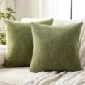 Close-up detail of textured green chenille throw pillow on cozy cream sofa, soft fabric. - 30x50cm (Pillow Cover) / Olive Green
