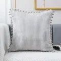 Grey corduroy throw pillow cover with cute pom pom fringe, decorative square sofa cushion case. - Light Gray