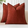 Textured chenille throw pillow detail, thick square cushion for sofa and bed, soft home decor. - Caramel color