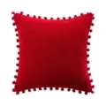 Red plush pom pom throw pillow cover, Nordic solid color square cushion case for sofa bed home. - Red