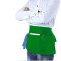 Green half apron with multi pockets, polyester waist apron for kitchen restaurant cleaning work. - Green