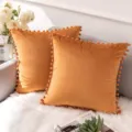 Oranje fluwelen kussenhoes met pompons decoratieve kussensloop voor de comfortabele bank - 45*45 cm (Kussensloop) / Oranje