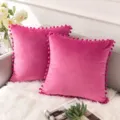 Roze fluwelen sierkussen met pompons, zachte vierkante kussenhoes voor bank bed home decor. - 45*45 cm (Kussensloop) / Rozerood