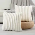 Faux rabbit fur striped throw pillow cover, soft plush couch cushion for home decor. - White