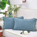 Ensemble de coussins décoratifs bleus en chenille avec pompons pour canapé et salon. - Bleu ciel