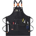 Heavy duty canvas work apron with tool pockets and cross back straps for woodworking BBQ. - Black