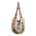 Knitted crochet tote bag for women, stylish beach shoulder bag with colorful floral design. - White