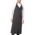 Detailed close-up view of the dark grey V-neck long work apron for restaurant kitchen. - Black