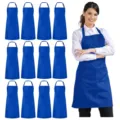 Pack of 12 blue work aprons with pockets and adjustable neck strap for kitchen use. - Polyester (Pack of 12) / Blue
