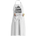Delantal de cocina blanco ajustable con bolsillos y texto Queen of the Kitchen para cocinar. - Blanco QUEEN