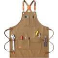 Heavy duty canvas work apron with multiple tool pockets, adjustable cross leather straps for BBQ kitchen. - Khaki
