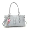 Light blue retro women shoulder bag, stylish PU leather crossbody tote with sweet heart charm. - Blue