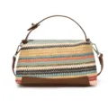 Bolso de hombro de paja a rayas multicolor, bolso de playa de verano con ribete de PU marrón. - Multicolor