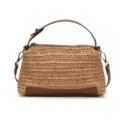 Elegante bolso de hombro de paja tejida para mujer, bolso de playa de verano con detalles de PU. - Marrón