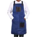 Professionelle Arbeitsküchenschürze aus Canvas mit Kontrast-PU-Ledertaschen zum Backen und Grillen. - Wildleder Blau mit schwarzem PU