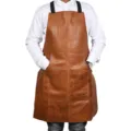 Brown PU leather kitchen apron with multiple pockets, durable cooking chef workwear for baking. - Microfiber Leather Brown